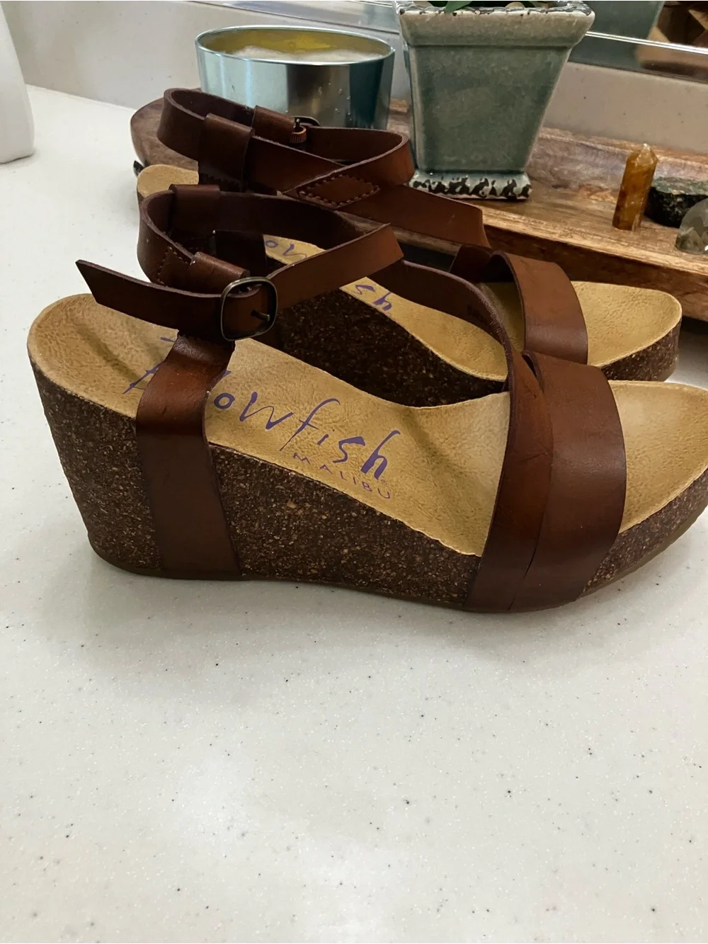 Blowfish Malibu Brown Platform Wedge Sandals Size 8 Boho Ankle Strap Cork Look - Picture 2 of 12